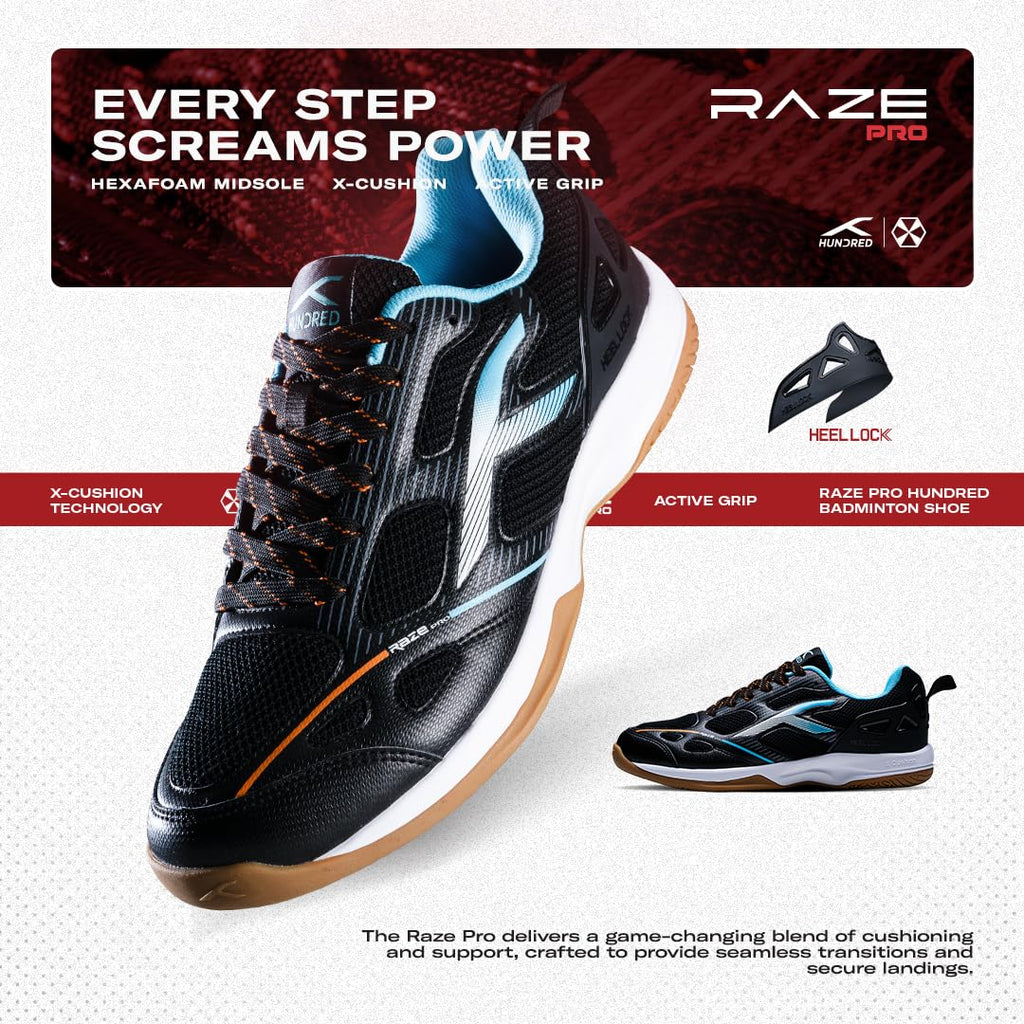 Hundred Men Raze Pro Badminton Shoes (Non Marking) | Also Indoor Sports | Lightweight, Breathable & Durable | X-Cushion | Active Grip Sole | Extended Heel Lock
