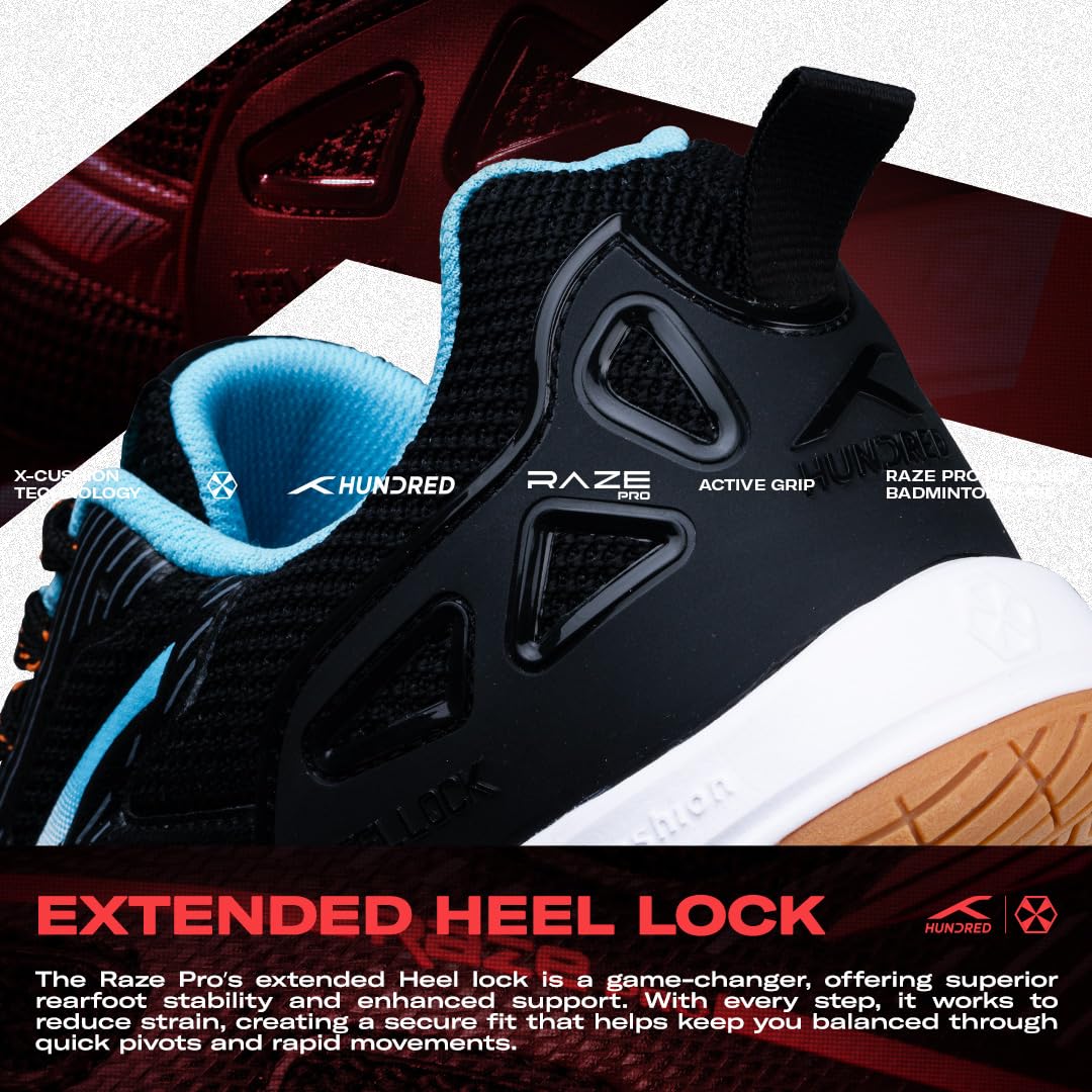 Hundred Men Raze Pro Badminton Shoes (Non Marking) | Also Indoor Sports | Lightweight, Breathable & Durable | X-Cushion | Active Grip Sole | Extended Heel Lock