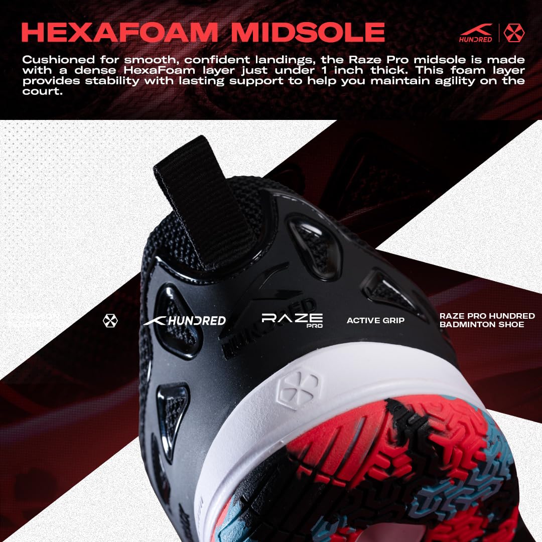 Hundred Men Raze Pro Badminton Shoes (Non Marking) | Also Indoor Sports | Lightweight, Breathable & Durable | X-Cushion | Active Grip Sole | Extended Heel Lock