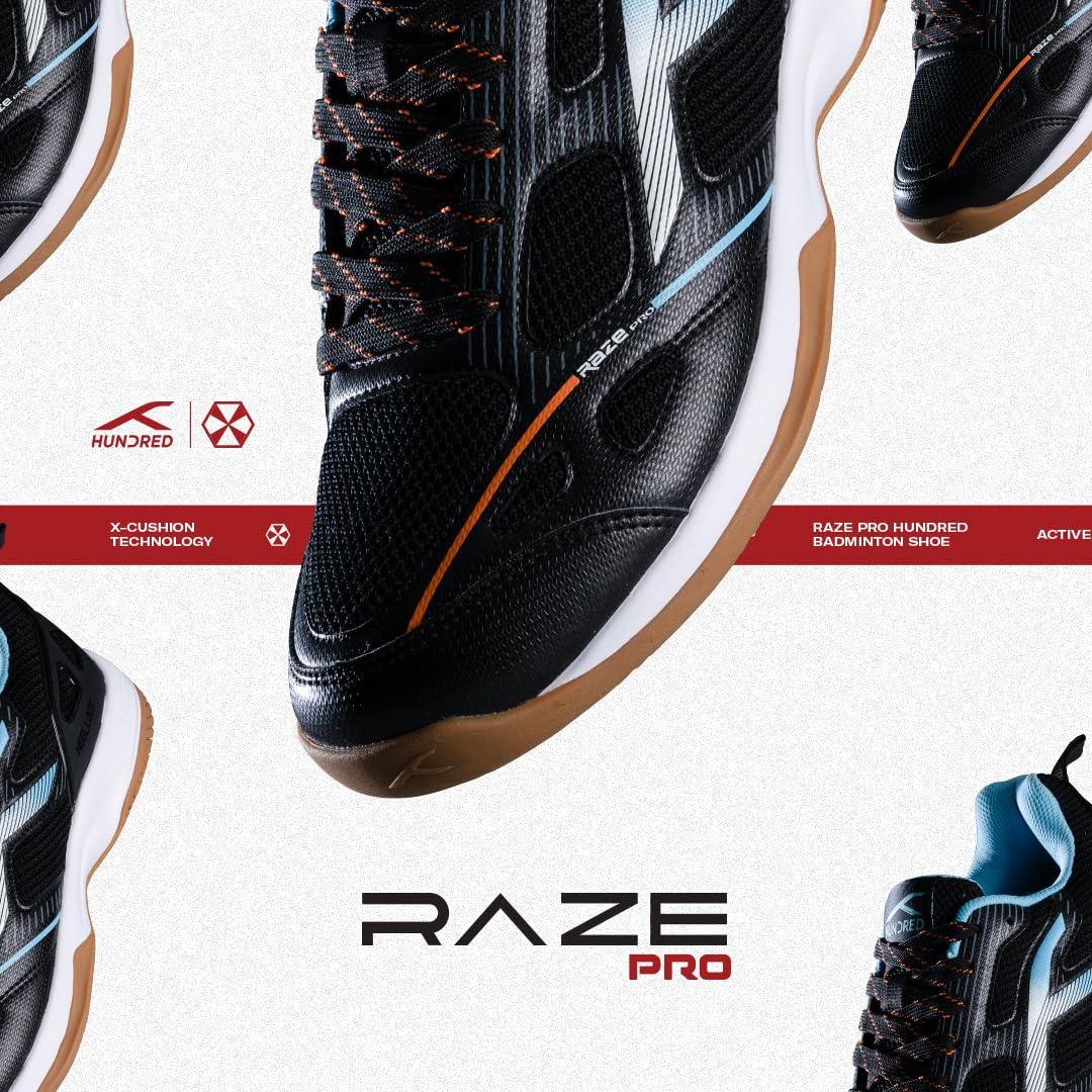 Hundred Men Raze Pro Badminton Shoes (Non Marking) | Also Indoor Sports | Lightweight, Breathable & Durable | X-Cushion | Active Grip Sole | Extended Heel Lock