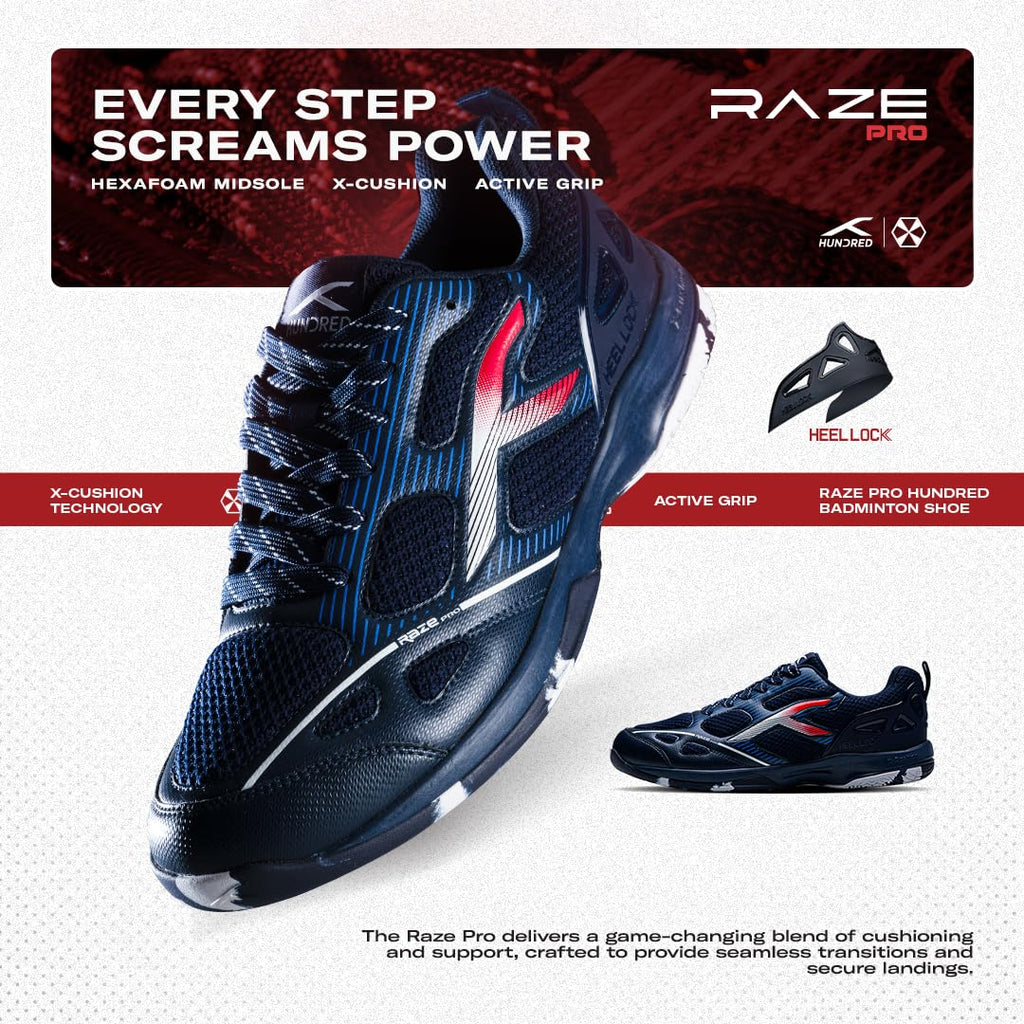 Hundred Men Raze Pro Badminton Shoes (Non Marking) | Also Indoor Sports | Lightweight, Breathable & Durable | X-Cushion | Active Grip Sole | Extended Heel Lock