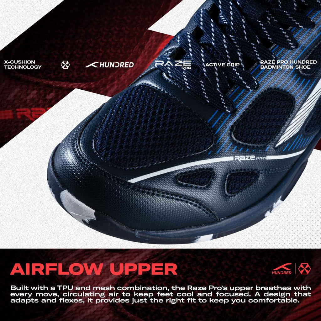 Hundred Men Raze Pro Badminton Shoes (Non Marking) | Also Indoor Sports | Lightweight, Breathable & Durable | X-Cushion | Active Grip Sole | Extended Heel Lock