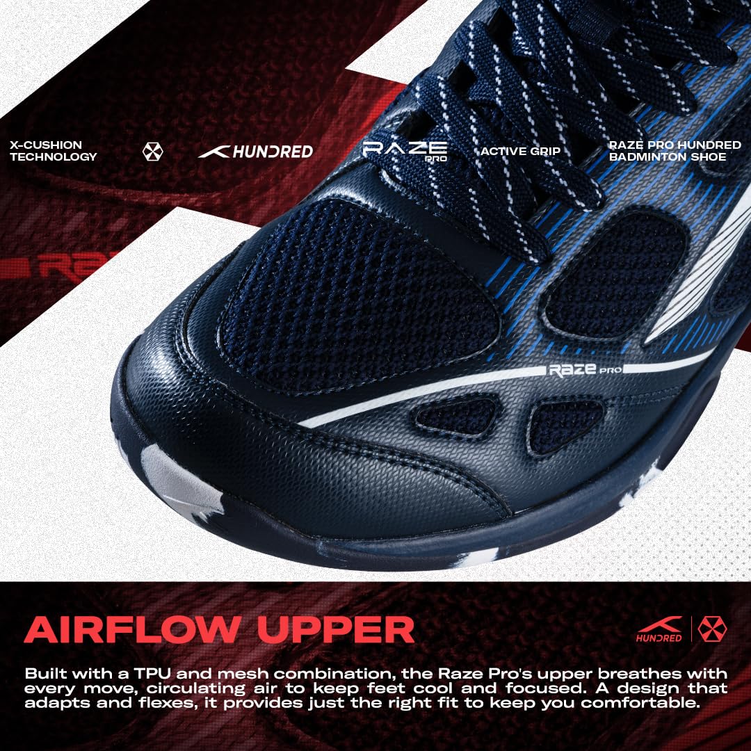 Hundred Men Raze Pro Badminton Shoes (Non Marking) | Also Indoor Sports | Lightweight, Breathable & Durable | X-Cushion | Active Grip Sole | Extended Heel Lock