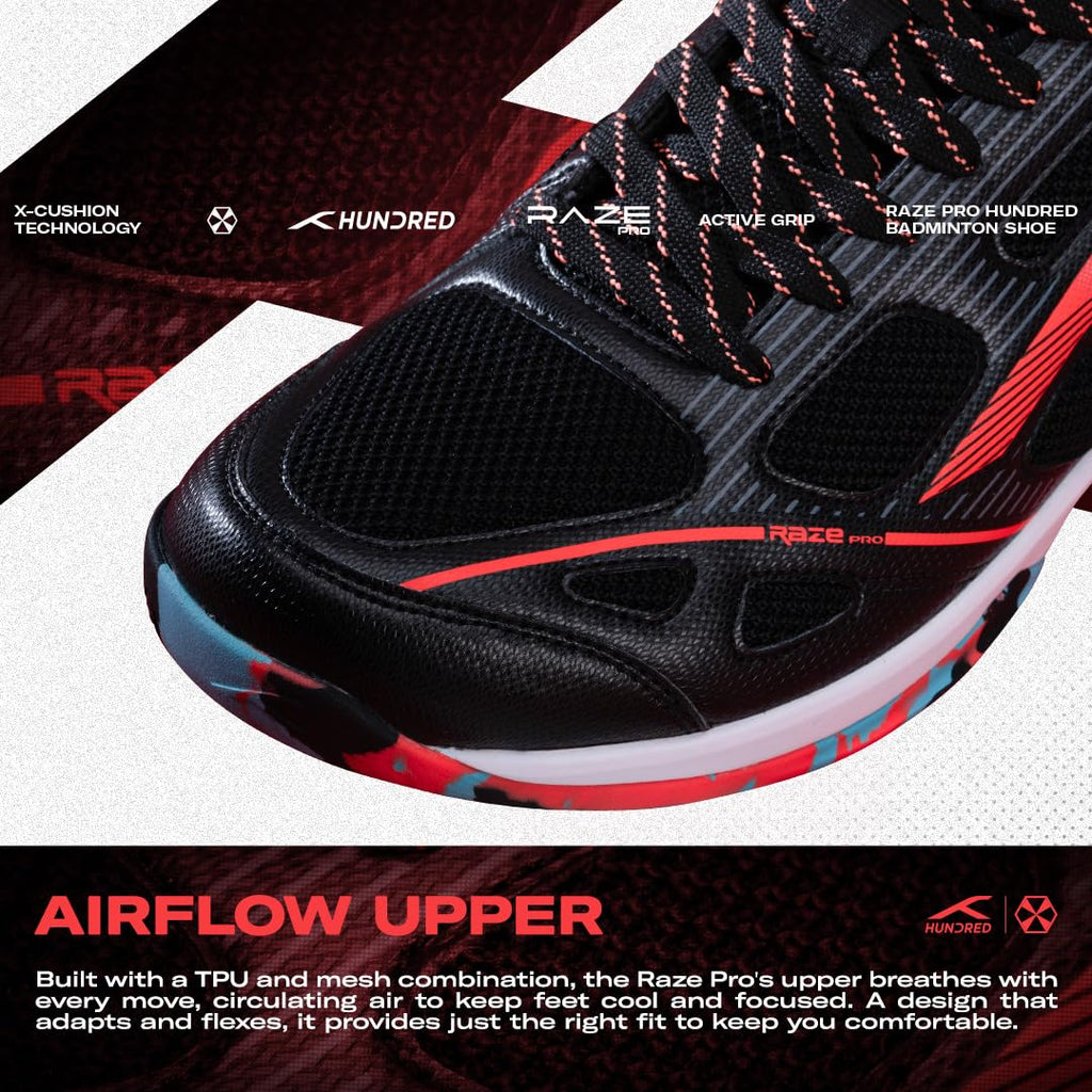 Hundred Men Raze Pro Badminton Shoes (Non Marking) | Also Indoor Sports | Lightweight, Breathable & Durable | X-Cushion | Active Grip Sole | Extended Heel Lock