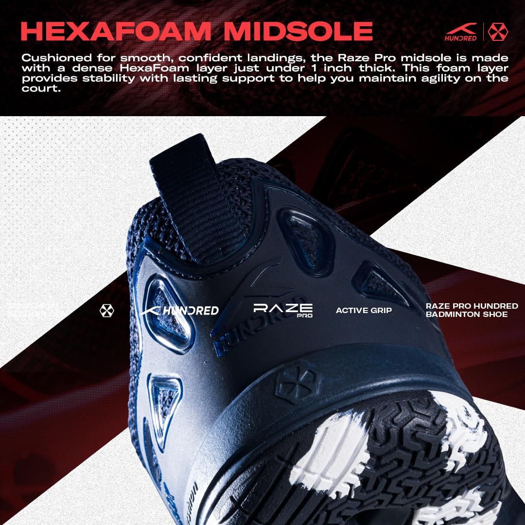 Hundred Men Raze Pro Badminton Shoes (Non Marking) | Also Indoor Sports | Lightweight, Breathable & Durable | X-Cushion | Active Grip Sole | Extended Heel Lock