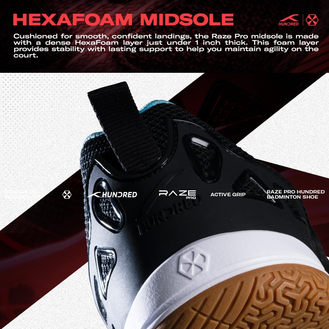 Hundred Men Raze Pro Badminton Shoes (Non Marking) | Also Indoor Sports | Lightweight, Breathable & Durable | X-Cushion | Active Grip Sole | Extended Heel Lock