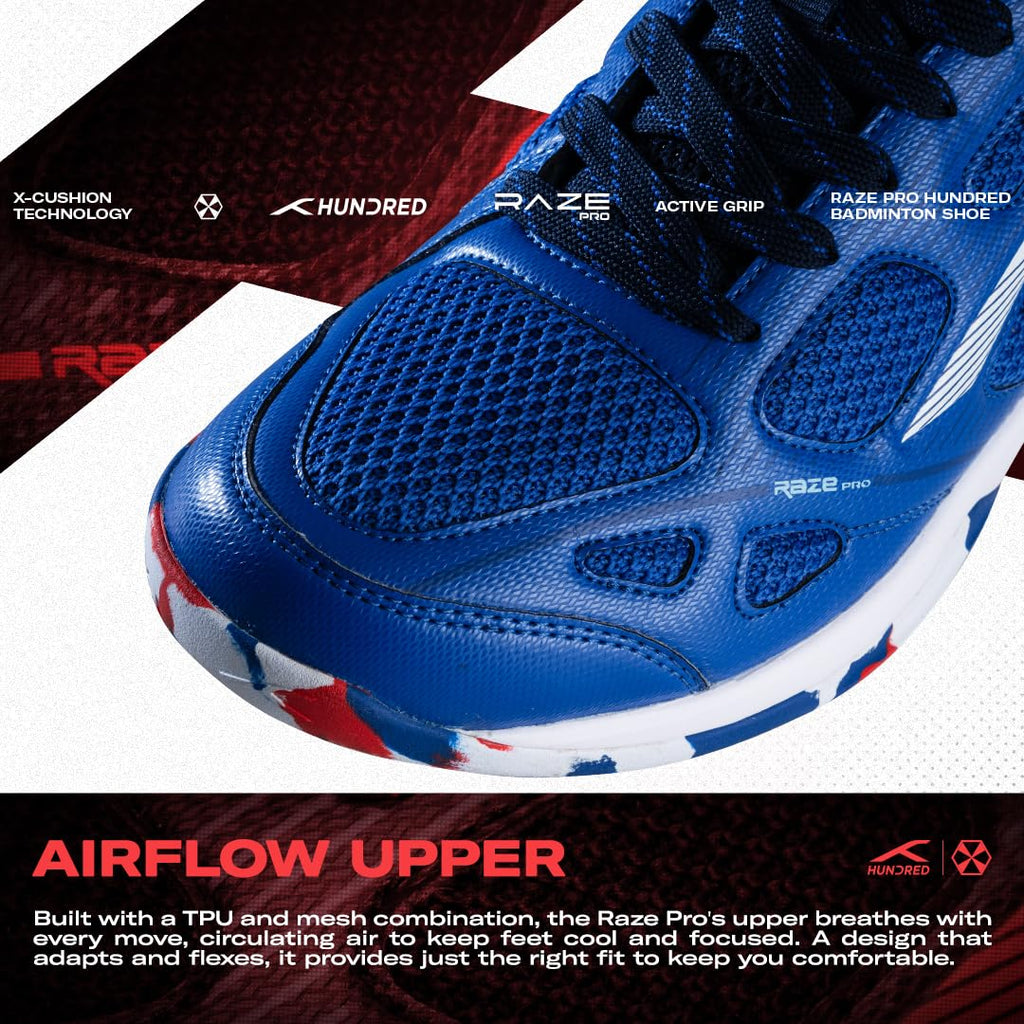 Hundred Men Raze Pro Badminton Shoes (Non Marking) | Also Indoor Sports | Lightweight, Breathable & Durable | X-Cushion | Active Grip Sole | Extended Heel Lock