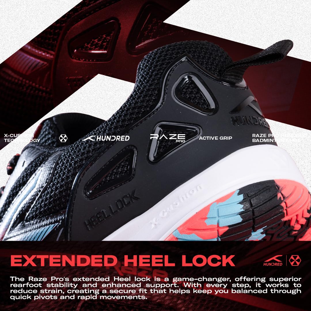 Hundred Men Raze Pro Badminton Shoes (Non Marking) | Also Indoor Sports | Lightweight, Breathable & Durable | X-Cushion | Active Grip Sole | Extended Heel Lock