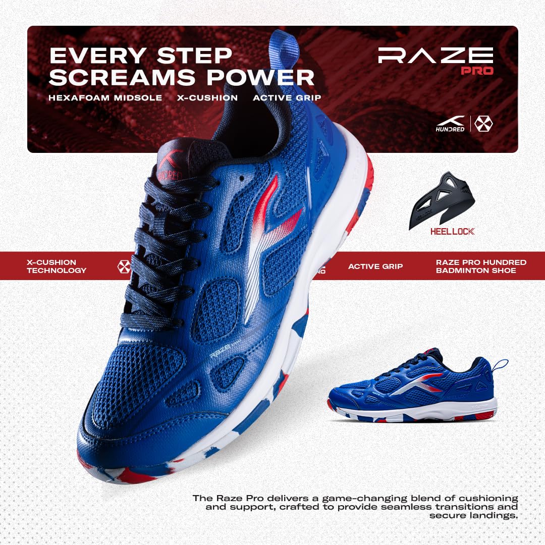 Hundred Men Raze Pro Badminton Shoes (Non Marking) | Also Indoor Sports | Lightweight, Breathable & Durable | X-Cushion | Active Grip Sole | Extended Heel Lock