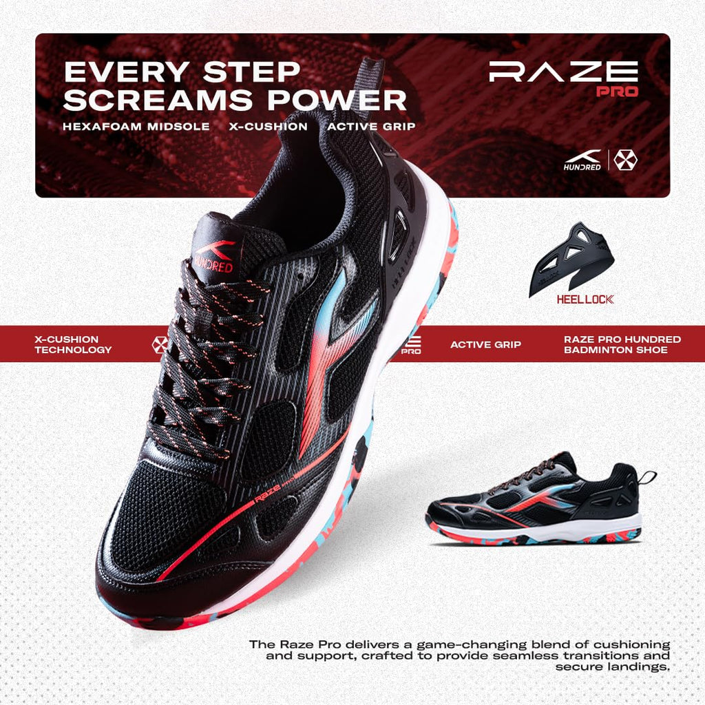 Hundred Men Raze Pro Badminton Shoes (Non Marking) | Also Indoor Sports | Lightweight, Breathable & Durable | X-Cushion | Active Grip Sole | Extended Heel Lock