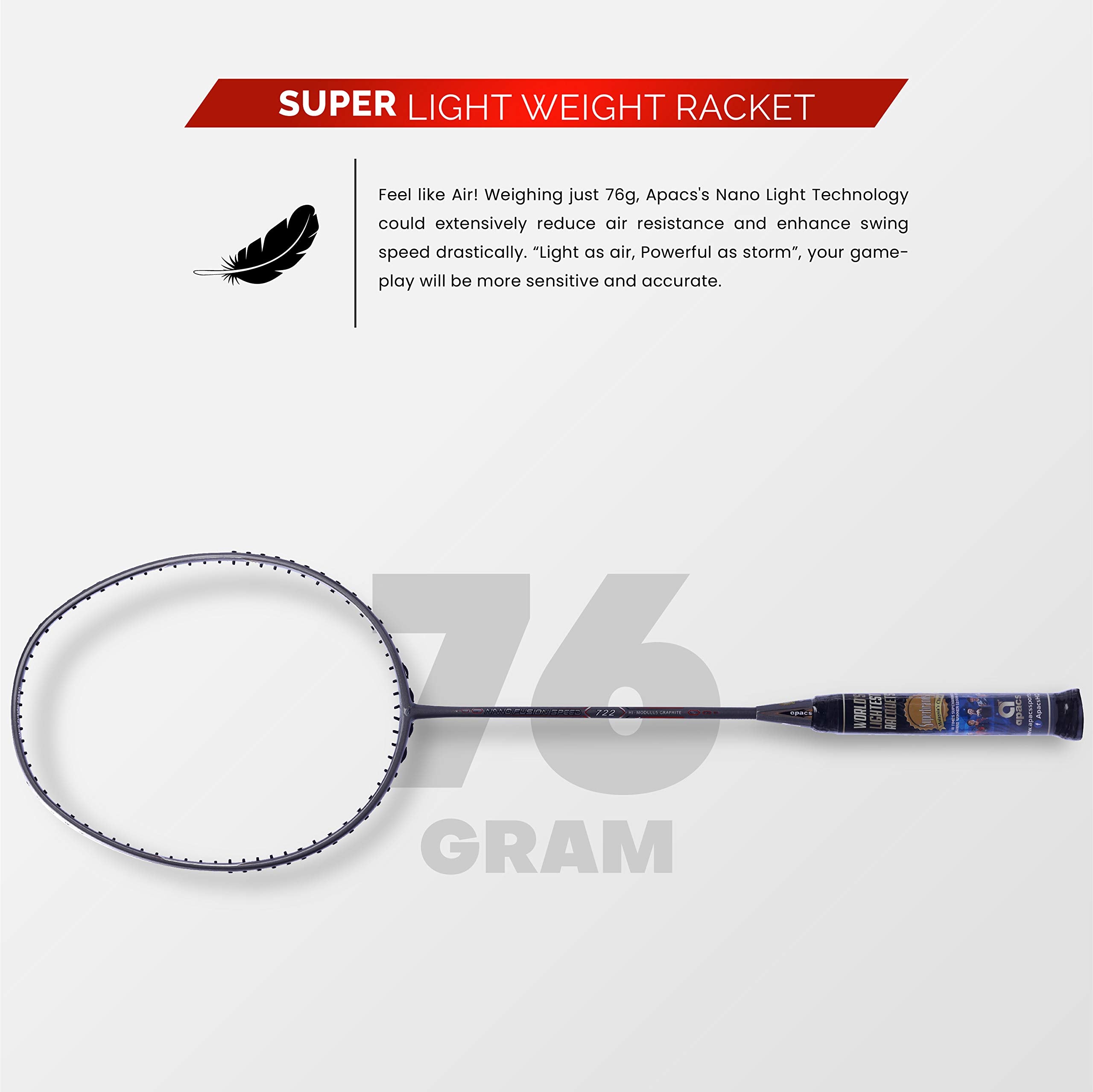 Apacs Nano Fusion Graphite Speed 722, 76g, 30LBS, Ultra Lightweight Unstrung Badminton Racket with Full
