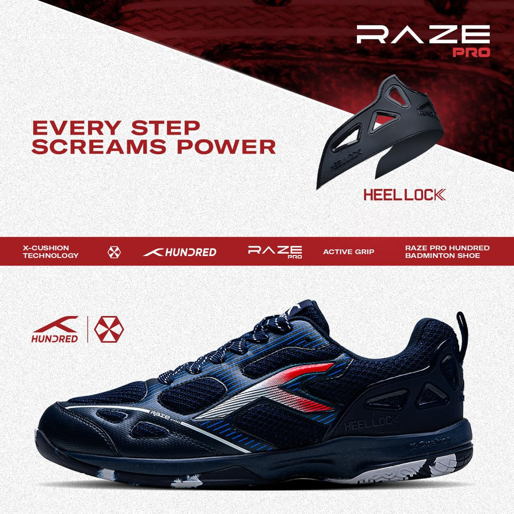 Hundred Men Raze Pro Badminton Shoes (Non Marking) | Also Indoor Sports | Lightweight, Breathable & Durable | X-Cushion | Active Grip Sole | Extended Heel Lock