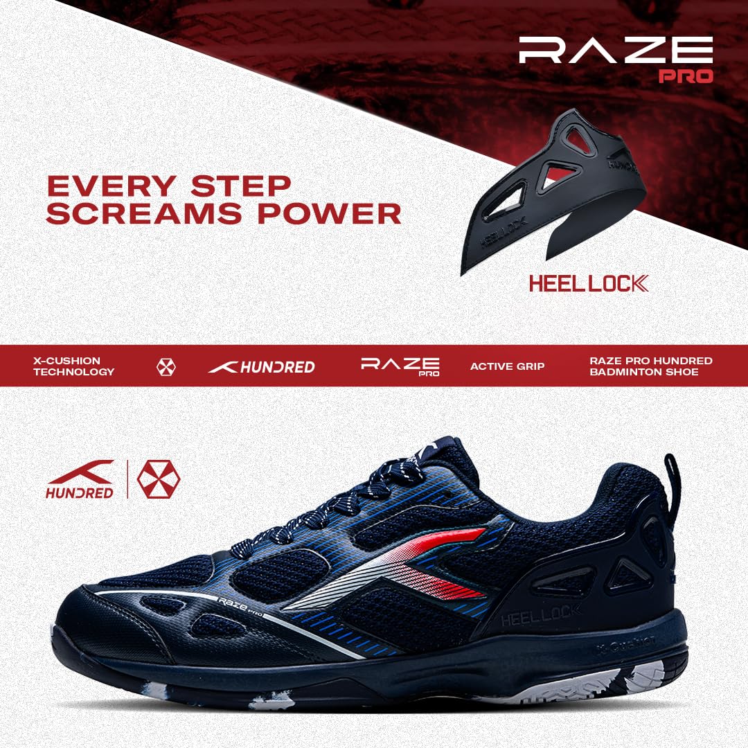 Hundred Men Raze Pro Badminton Shoes (Non Marking) | Also Indoor Sports | Lightweight, Breathable & Durable | X-Cushion | Active Grip Sole | Extended Heel Lock