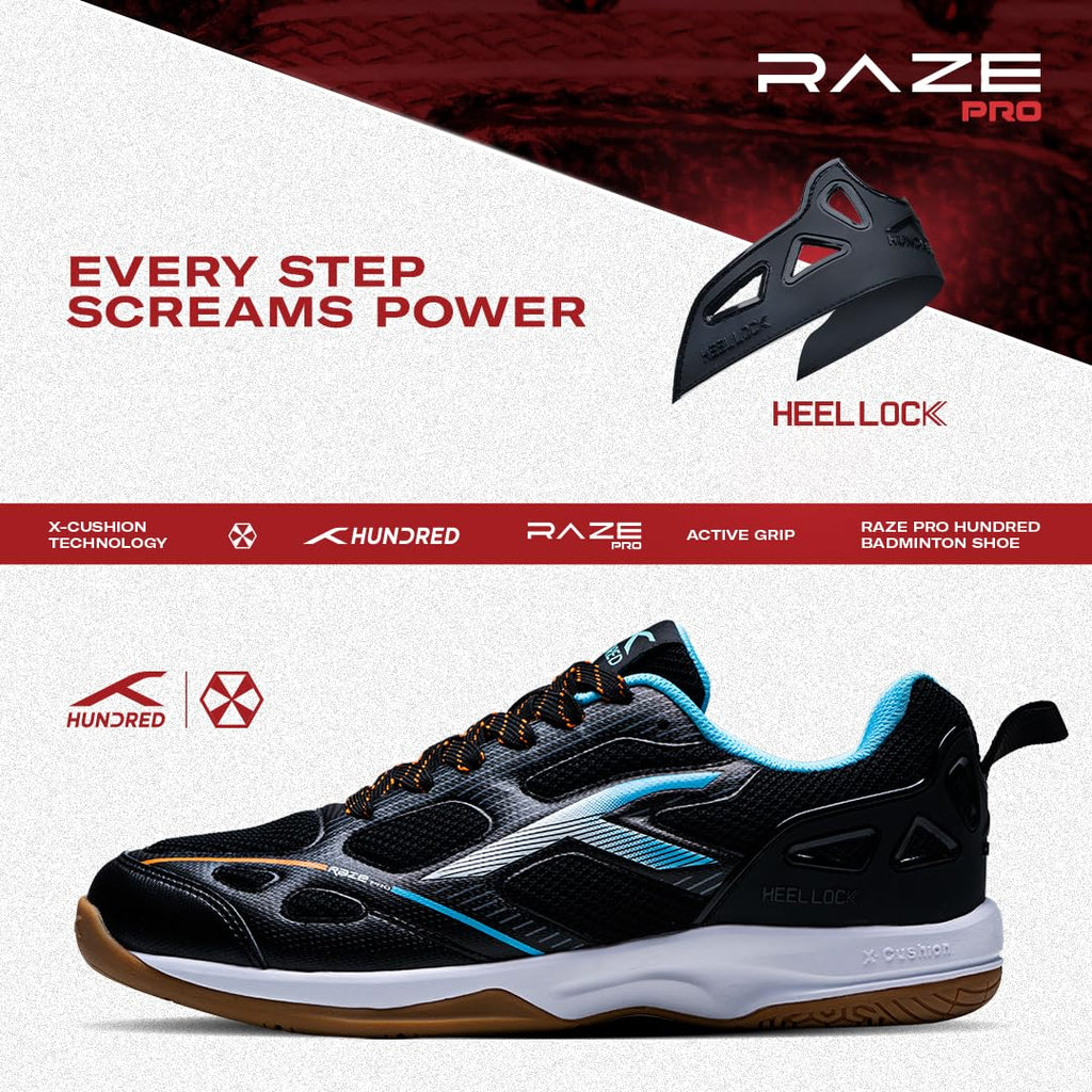 Hundred Men Raze Pro Badminton Shoes (Non Marking) | Also Indoor Sports | Lightweight, Breathable & Durable | X-Cushion | Active Grip Sole | Extended Heel Lock