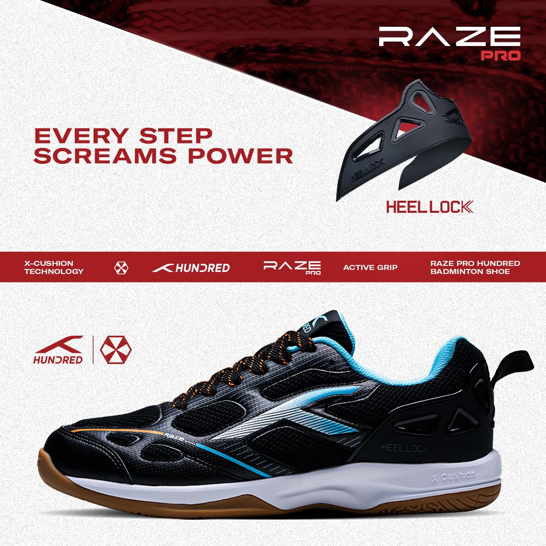 Hundred Men Raze Pro Badminton Shoes (Non Marking) | Also Indoor Sports | Lightweight, Breathable & Durable | X-Cushion | Active Grip Sole | Extended Heel Lock