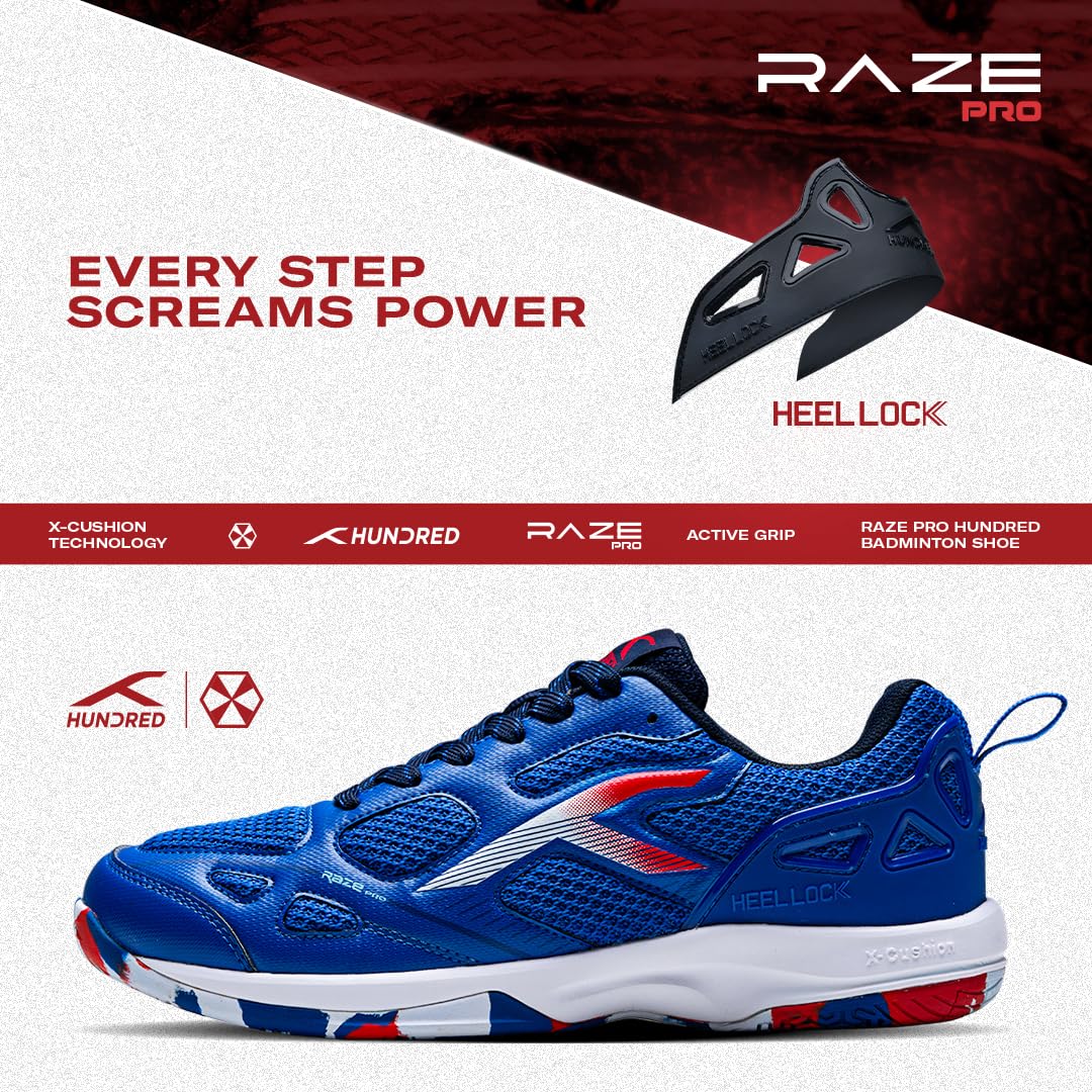 Hundred Men Raze Pro Badminton Shoes (Non Marking) | Also Indoor Sports | Lightweight, Breathable & Durable | X-Cushion | Active Grip Sole | Extended Heel Lock