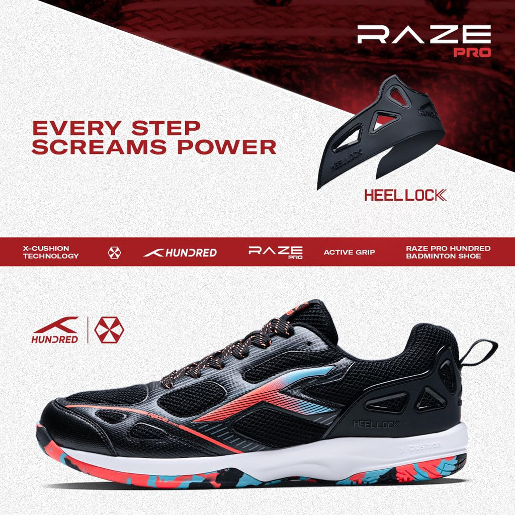 Hundred Men Raze Pro Badminton Shoes (Non Marking) | Also Indoor Sports | Lightweight, Breathable & Durable | X-Cushion | Active Grip Sole | Extended Heel Lock