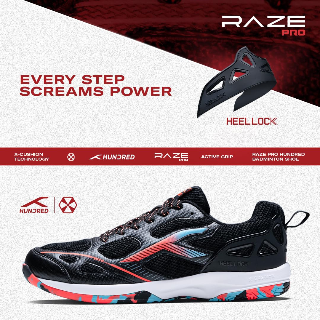 Hundred Men Raze Pro Badminton Shoes (Non Marking) | Also Indoor Sports | Lightweight, Breathable & Durable | X-Cushion | Active Grip Sole | Extended Heel Lock