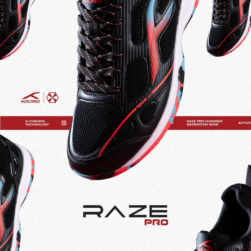 Hundred Men Raze Pro Badminton Shoes (Non Marking) | Also Indoor Sports | Lightweight, Breathable & Durable | X-Cushion | Active Grip Sole | Extended Heel Lock